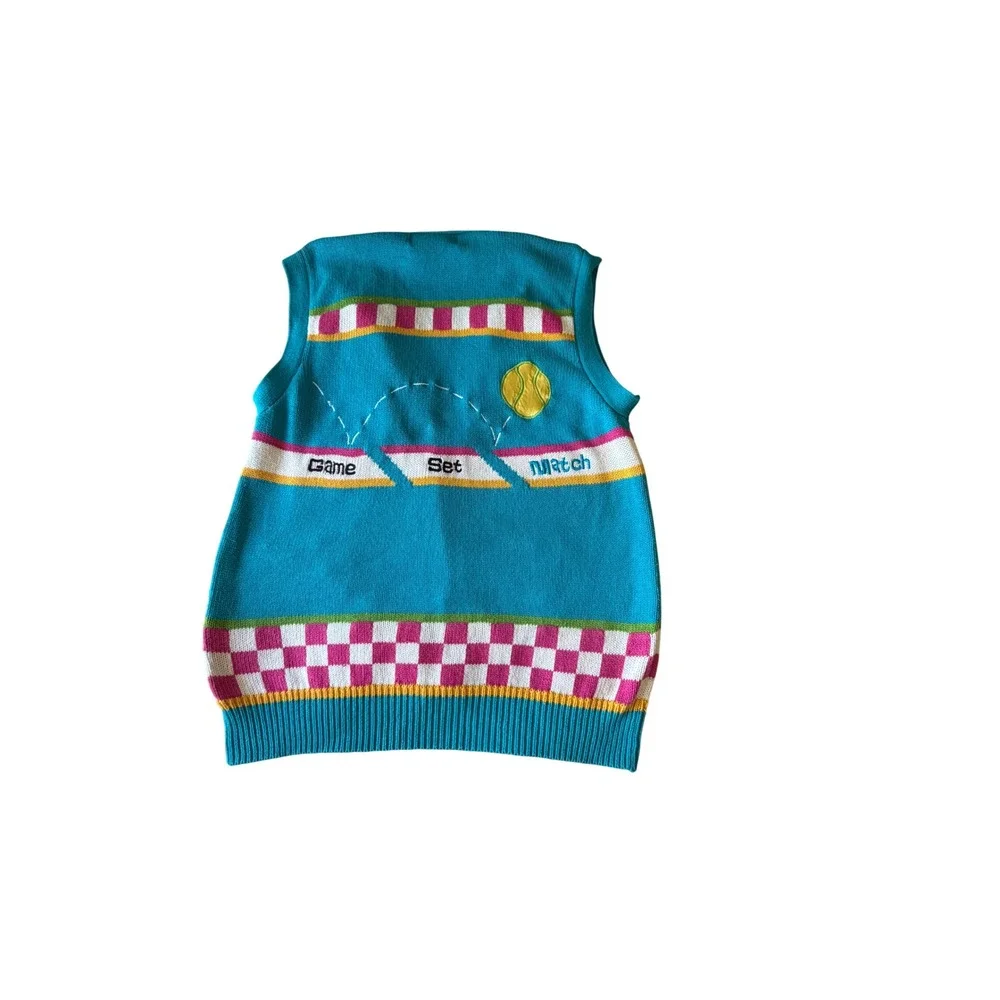 Lizi Ruch Vintage Tennis Sweater Vest Turquoise Blue Cotton Knit Cardigan Medium - Picture 5 of 10